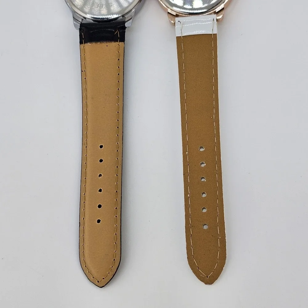 2X Women's Watch 38MM Gray Cream Dial Black White Faux Leather Bands NEW Battery